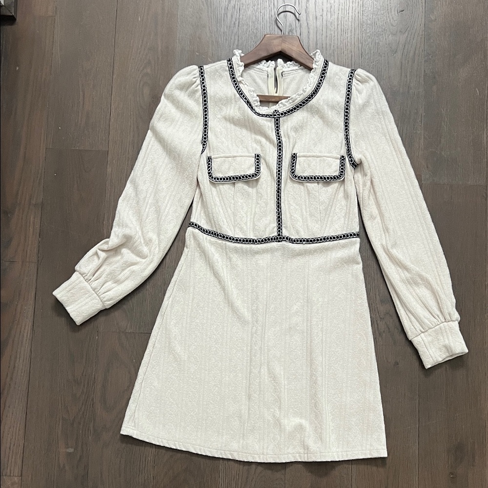 Cream Long Sleeve Dress with Black Trim